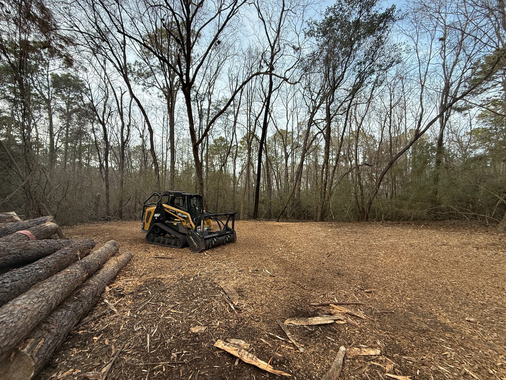 Mulching machine working a dense treeline with dust and mulch in the air